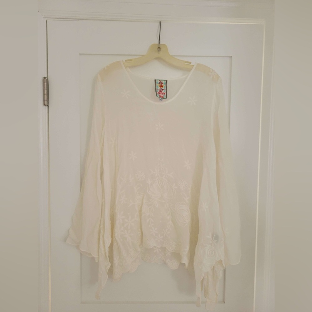 Johnny Was white long sleeve sheer floral embroidered blouse (read)